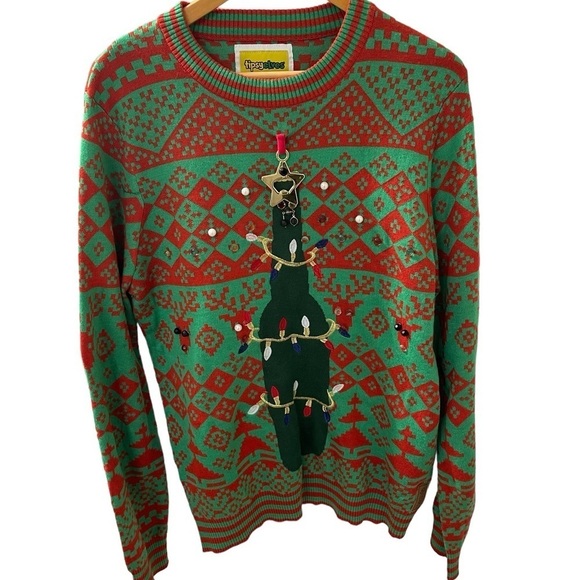 Tipsey Elves Ugly Christmas Sweater with Star and Beer Bottle lights Size large - Picture 1 of 7